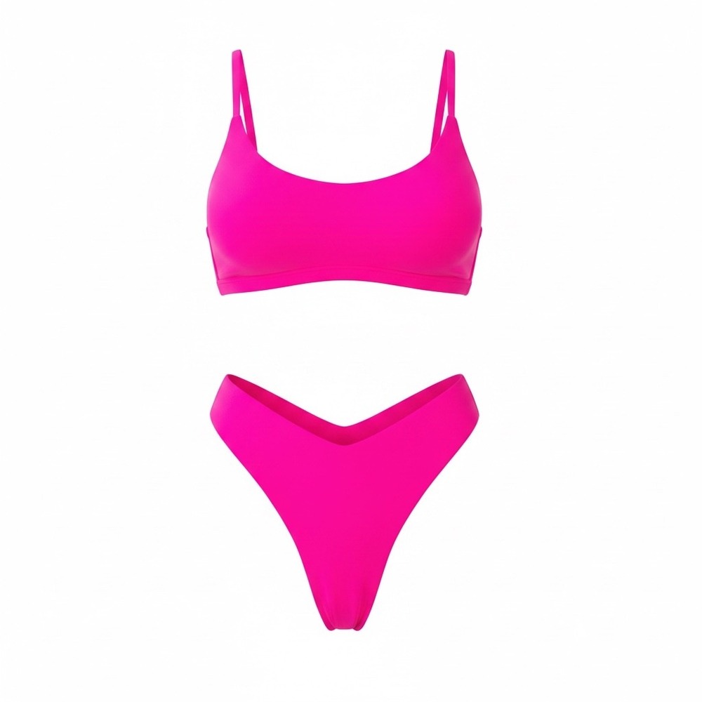 OWICA Womens Neon Pink High Cut VFront Bikini Set Medium NWT Scoop Neck Swimsuit